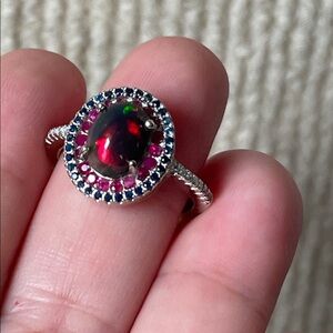 Black Opal, Ruby & Sapphire Ring in 925 Sterling Silver Size 6 CZ Accent